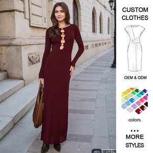 Vestidos <span class=keywords><strong>Maxi</strong></span> de Punto Ajustados Color Borgoña Personalizados, Estilo Casual con Abertura, Frente Natural, Sólido, para Primavera, Verano, Otoño e Invierno - Product Image 1