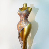 Combinaison de scène asymétrique en maille diamantée scintillante avec strass argentés, tenue de danseuse disco Gogo, pour Drag Queen, Showgirl, Candy