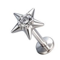Piercing de corps en titane ASTM F136 G23 plaqué or, avec étoile solide à 5 branches et zircon cubique rond, à filetage interne, pour cartilage, tragus, hélix