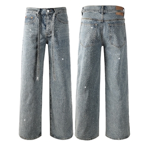 Pantalon en jean droit extensible à taille mi-haute, coupe décontractée, à motif croisé, jeans classique droit pour homme - Product Image 1