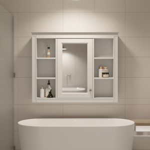 Moderno botiquín de pared de 35'' x 27.5'' con espejo y estantes abiertos para almacenamiento en el baño, diseño sin marco en color blanco. - Product Image 2