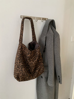 Sac à main à bandoulière unique en velours côtelé à imprimé léopard de style coréen pour femmes, sac de travail de grande capacité