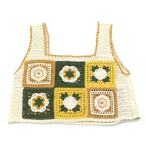 vintage knitted women vest sleeveless crochet patch work tank top for summer vocation beach