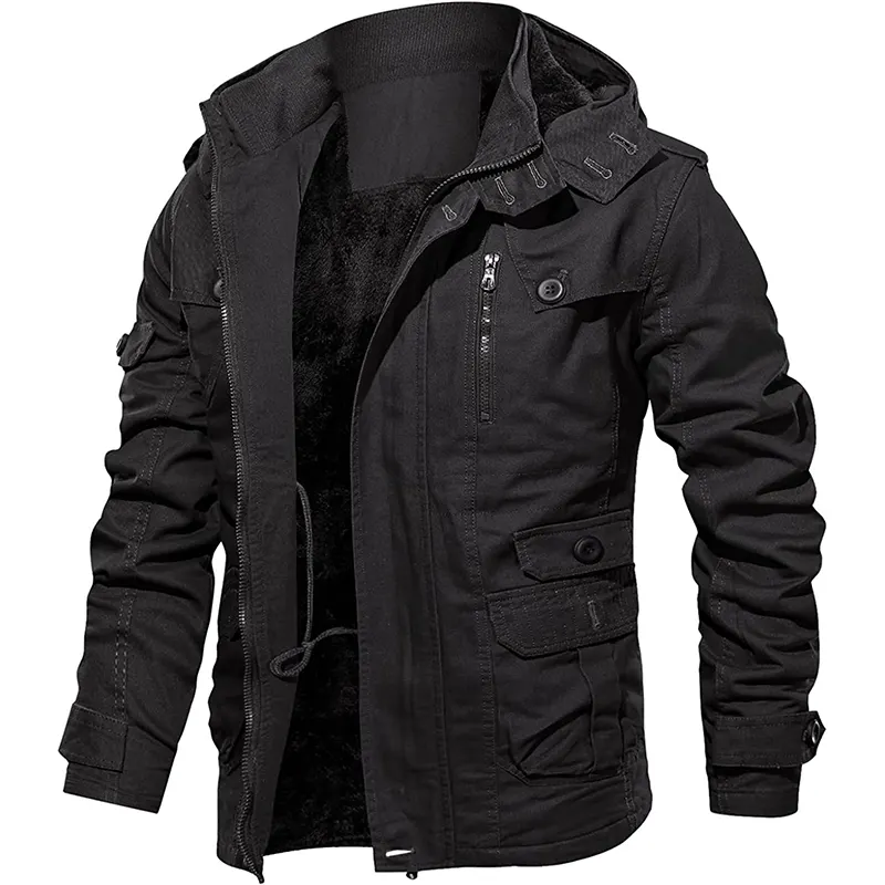 Men's Winter Jacket Casual Warm Cotton Work Jacket Fleece Lined Cargo Hooded Parka Coat