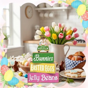 Easter Wooden Block Decoration Bunnies Eggs Jelly Beans Stackable Sign Indoor Home Decor - Product Image 2