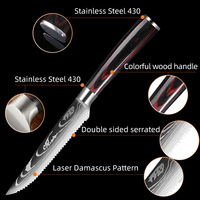 Ensemble de couteaux à steak à lame dentelée motif Damas - Lames en acier inoxydable de qualité supérieure avec manche en Pakkawood, ambidextres et finition brossée
