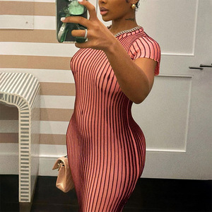 Loveda Venta caliente Vertical Stripe Print Mujeres Midi Vestidos <span class=keywords><strong>O</strong></span> Cuello Manga corta Bodycon Causal Vestido para damas - Product Image 2