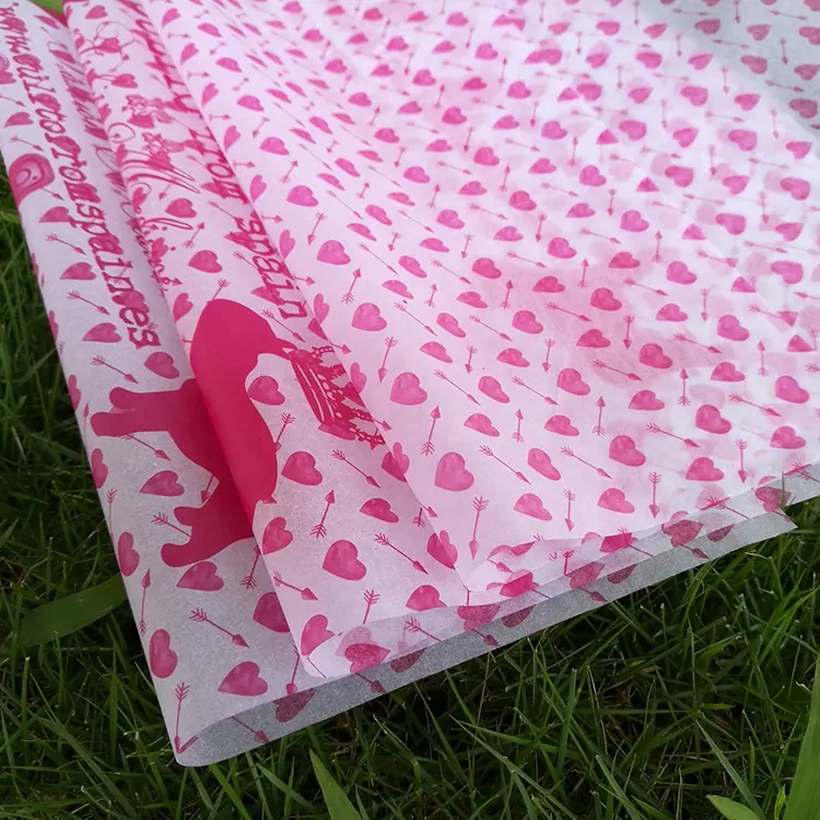 OEM Design Custom Printed Pink Cute Heart Logo 17GSM Colored Gift Package Wrapping Tissue Paper for Boxes