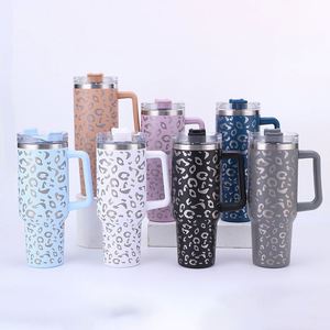 Gobelet isotherme en acier inoxydable de 40 oz avec poignée et paille, logo personnalisable, motif léopard, tasse de voyage pour voiture, 12 couleurs - Product Image 2