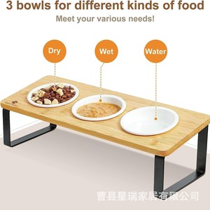 Comedero para gatos de madera maciza con 3 tazones, soporte para alimentar gatos en interiores, mesa de comedor alta e inclinable para gatos con tres tazones - Product Image 5