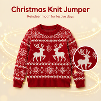 Pull de Noël en tricot pour garçons, motif renne et flocon de neige Fair Isle, à manches longues, bordure côtelée, pull de fête pour enfants, pull rouge