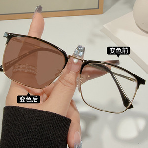 Semi-Rimless Rectangle Eyeglasses <b>Frame</b> Plano Lenses Anti-Blue Light Photochromic Lightweight Unisex <b>Metal</b> <b>Frame</b> - Product Image 2