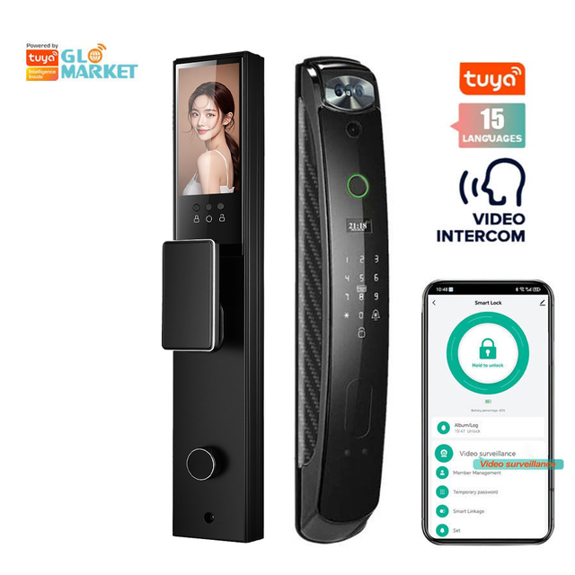 Cerraduras Inteligentes Puerta Exterior 2 Vein Recognition Tuya Fingerprint Front Smart Door Lock with Camera