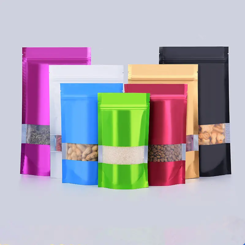 In stock high quality Resealable Colors matte black pouch clear window aluminum foil stand up ziplock bag