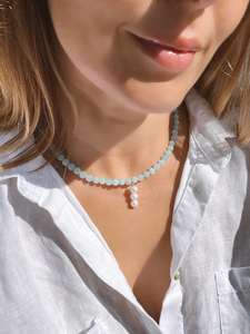 Delicado Collar de Piedras de Aguamarina con Cuentas y Dijes de Perlas, Estilo Boho Minimalista, Cierre Magnético - Product Image 6