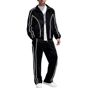 <b>Black</b> Polyester/Cotton Eco-Friendly Tracksuit Set Zip-Up Jacket Drawstring <b>Pants</b> Elastic Waist Side Pockets Plus Size Loose Fit - Product Image 1