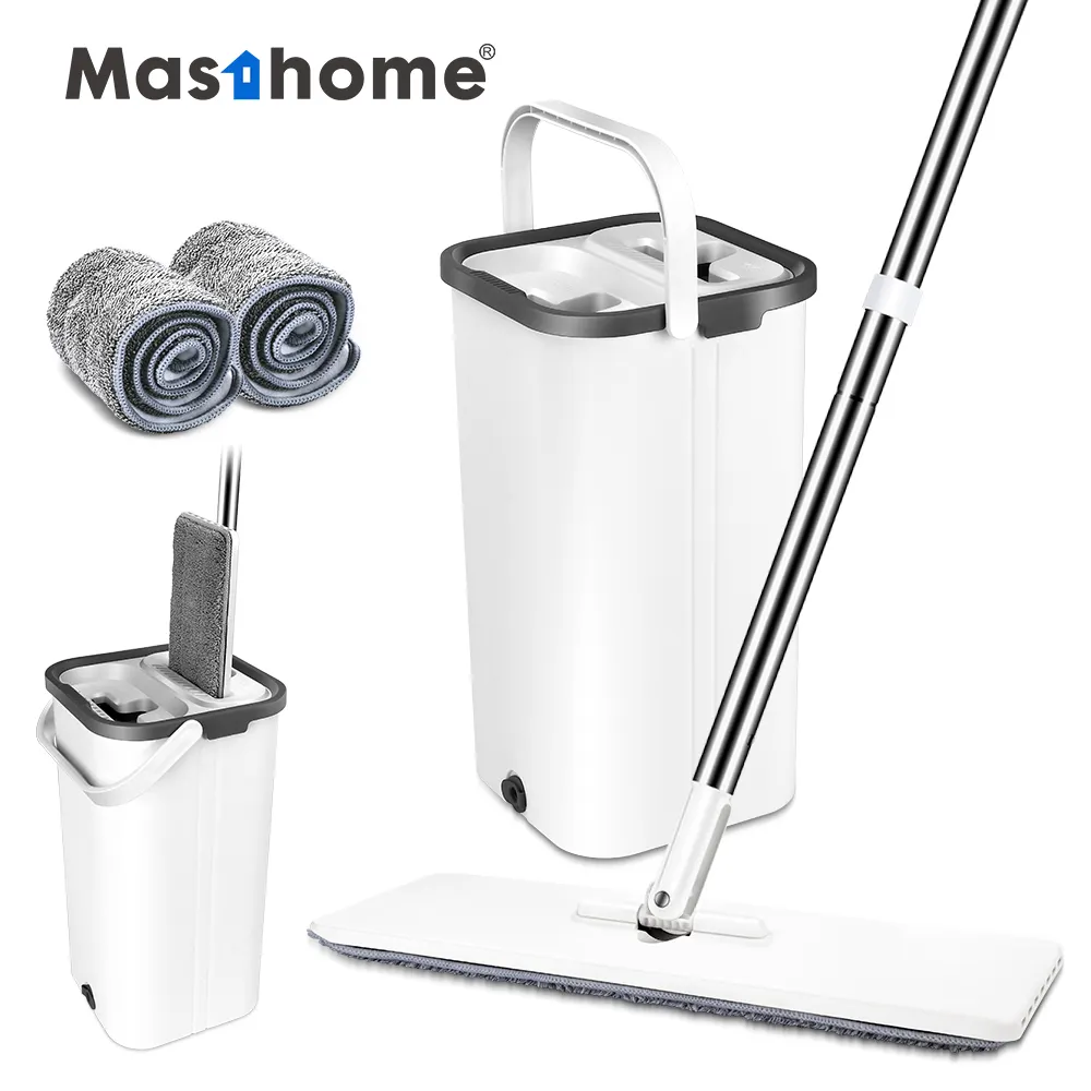 Masthome Rvs Pole Handvat Verwijderbare Magische Schoon Water Geïntegreerde Wassen Platte Reiniging Mop Met Emmer