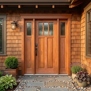 Porte d'entrée en bois massif de style artisanal américain, avec deux panneaux latéraux et un transom en verre pour laisser passer la lumière naturelle. - Product Image 4