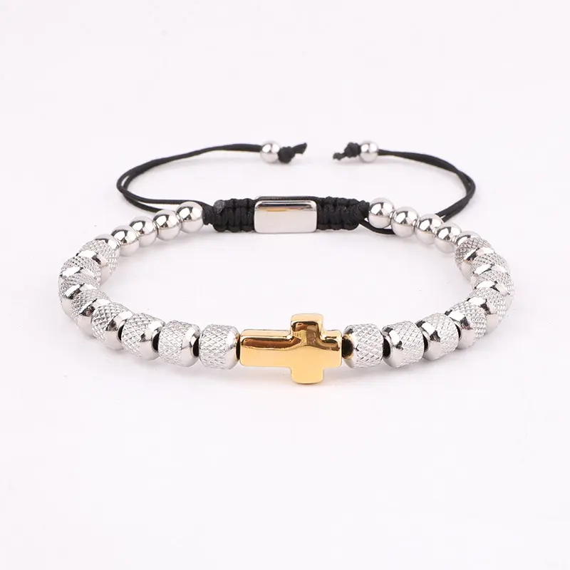 High Quality New Design Stainless Steel Beads Cross Charm Customized Logo Macrame Men Friendship Bracelet