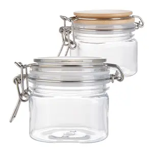 Multi Use Leak Proof Seal Spice Jam Seasoning 200ml Clear Metal Clip Square PET Bottle Jar with Bamboo or Plastic Lid