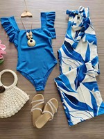 Ensemble de vacances deux pièces pour femme : Body bleu à volants et bretelles, pantalon large imprimé abstrait – Vente en gros et personnalisation
