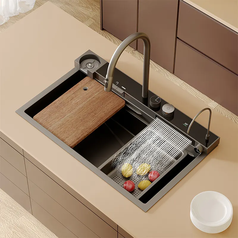 High-End Multifunktions-Edelstahl Nano Gun Grey Cup Washer Großes Waschbecken Küchen spüle