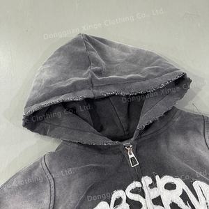 Sudadera con capucha de algodón de 450 g/m² de alta calidad estilo streetwear vintage, con efecto desgastado por el sol, patchwork, lavado ácido, bajo sin rematar y cremallera para hombre - Product Image 4
