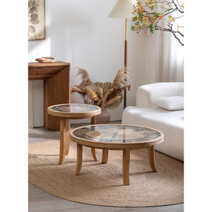 طاولة قهوة يابانية لغرفة المعيشة من الخشب الصلب طاولة قهوة مستديرة مع ساعة - Product Image 1
