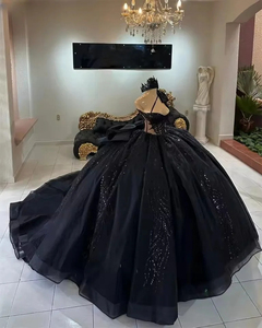 Vestidos de Quinceañera Negros Mumuleo con Cuentas y Apliques, <span class=keywords><strong>Vestido</strong></span> de Gala con Lazo para <span class=keywords><strong>Fiesta</strong></span> de 16 Años, Vestidos de 15 Años Personalizados - Product Image 1