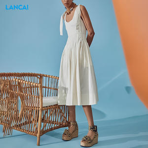 Vestido MIDI <span class=keywords><strong>de</strong></span> <span class=keywords><strong>mujer</strong></span> plisado con cuello profundo suave <span class=keywords><strong>de</strong></span> algodón 100% personalizado con correa ancha para <span class=keywords><strong>ropa</strong></span> informal <span class=keywords><strong>de</strong></span> verano - Product Image 3