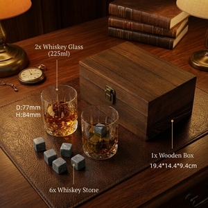 Set Regalo Bourbon Scotch con Bicchieri in Cristallo, Pietre per Whisky in Granito e Scatola in Legno, Regalo per <span class=keywords><strong>Padre</strong></span> o Uomo - Product Image 3