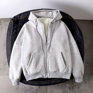 Men's Hooded Zip-Up Sweatshirt Oversized Fleece Lined Casual Winter Wear Solid Color Knitted Cotton Polyester Blend - Product Image 3