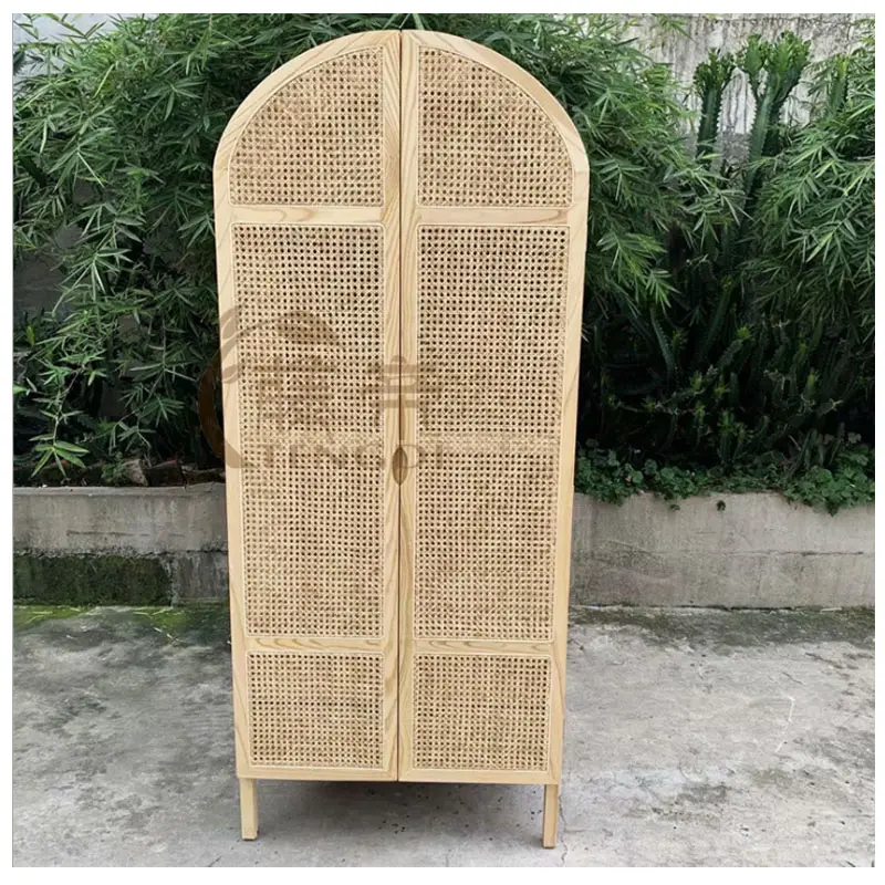 Armario Vintage simple de dos puertas, armario de madera maciza de ratán natural para dormitorio