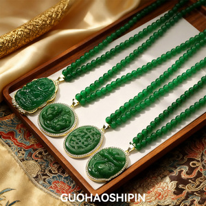 Chinese Style Green Jade Pendant Necklace With Animal Pattern Bezel Setting Fashion Jewelry For Women - Product Image 2