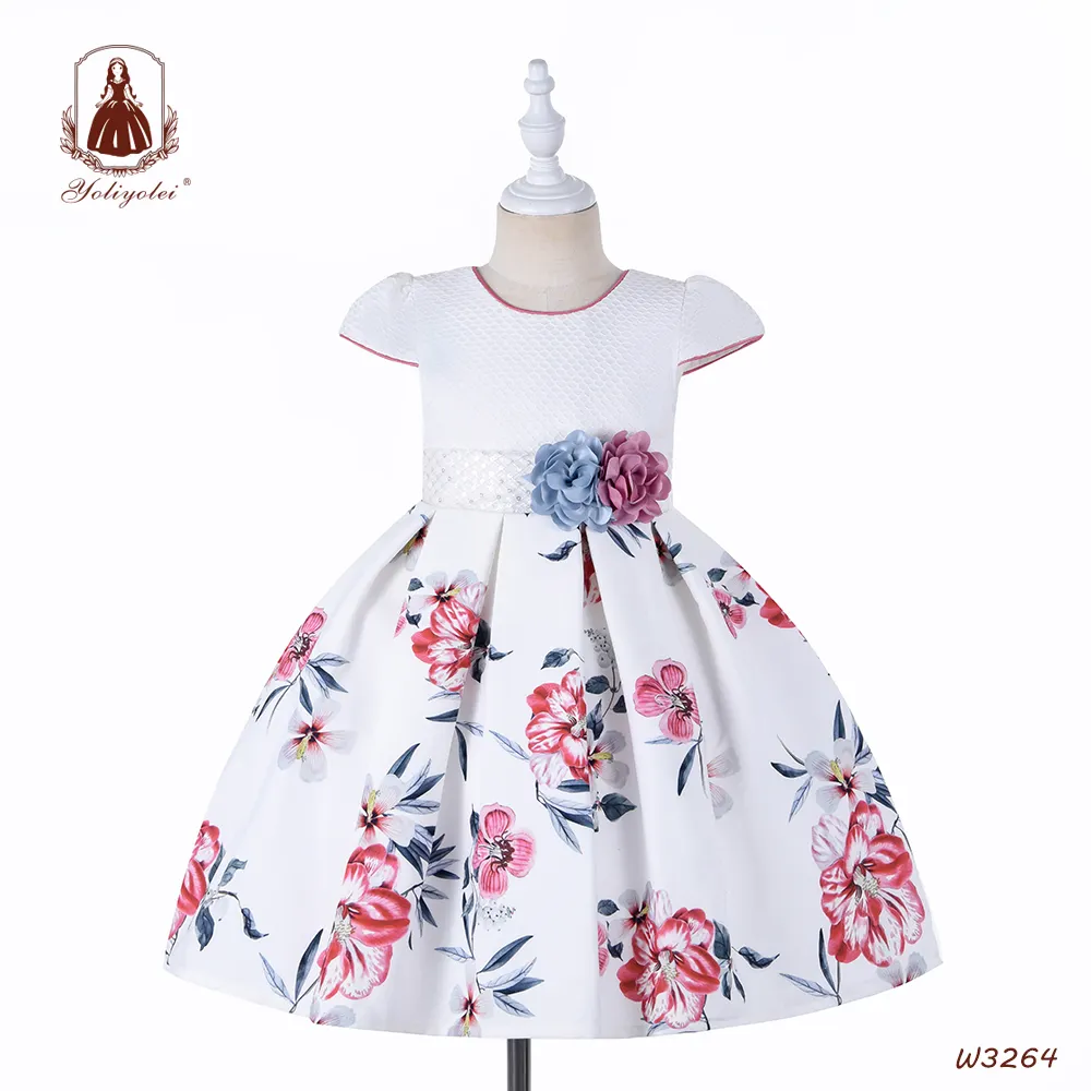 Kids Clothes Solid Flower Decoration Red Floral Printing Airplane Short Sleeve White Formal Flower Girls' Dresses