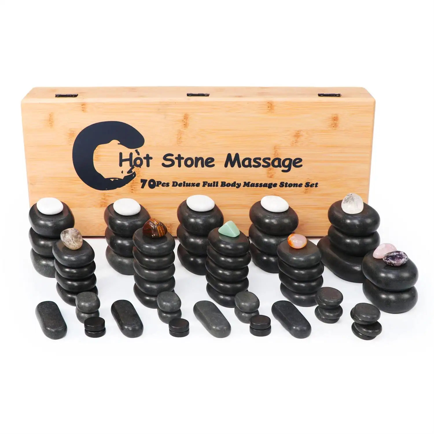 Set de 70 pierres chaudes de massage en basalte noir personnalisées en usine Mt Pierre chaude naturelle avec boîte en bambou gratuite