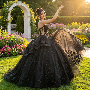 Dy20259-3 Robes de Quinceañera Princesse Noires Élégantes avec Appliques Pailletées, Robe de Bal en Tulle Dos Nu, Traîne Chapelle, pour 15 et 16 ans - Product Image 1