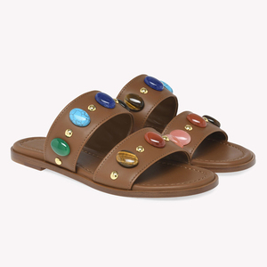 Sandali piatti marroni bohémien da donna, ciabatte <span class=keywords><strong>con</strong></span> <span class=keywords><strong>borchie</strong></span> di pietre preziose colorate, calzature in pelle alla moda per le vacanze - Product Image 2