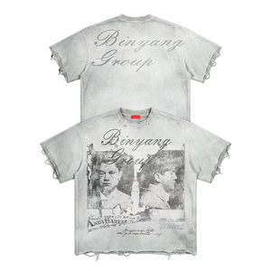 T-shirt Bianca da <span class=keywords><strong>Uomo</strong></span> Personalizzata OEM, Stampa DTG, Effetto Vintage Lavato, 100% Cotone Lavorato a Maglia, 300 Grammi, Manica Corta, Strappata e Usurata - Product Image 5