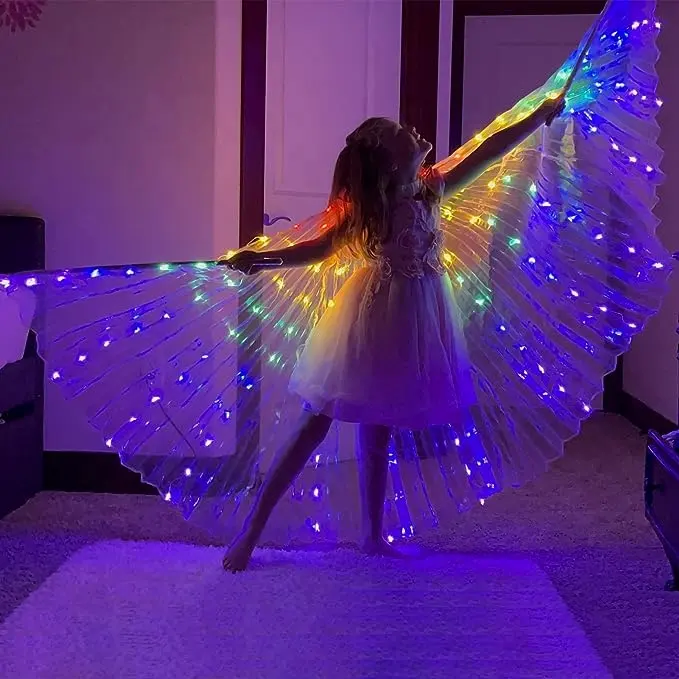 Ali luminose per bambini ali di farfalla a LED ali di danza del ventre con bastone telescopico per spettacolo teatrale Halloween e festa di natale