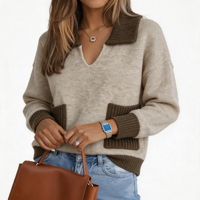 Pull tricoté ample pour femme, style coréen, col polo côtelé, blocs de couleur, poche en V, coupe oversize, vente en gros usine