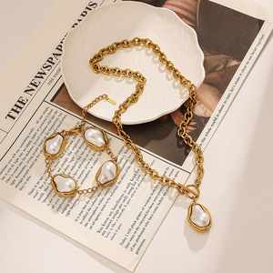Ensemble collier et bracelet en acier inoxydable, perle baroque, plaqué or 18 carats, vintage, haut de gamme, à porter tous les jours, bijoux unisexes - Product Image 3