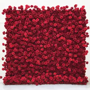 5d花墙背景8英尺 * 8英尺织物丝绸人造丝玫瑰人造花红色3D婚礼装饰花墙
