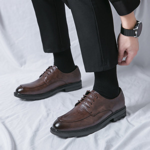 Zapatos Oxford de Cuero Genuino para Hombre, Punta Redonda, con Cordones, Suela de Goma Antideslizante, Zapatos de Vestir para Toda Temporada, Color Marrón Sólido - Product Image 2