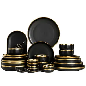 Conjunto de louças preto de porcelana, conjunto de talheres de porcelana com prato e cerâmica para personalização, venda no atacado