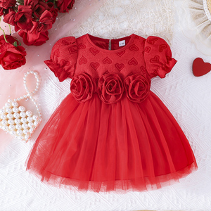 Cute <b>Sweet</b> Girl's Knee-Length Short Sleeve Comfortable Breathable Floral Heart Pattern Children's Party Dress - Product Image 1