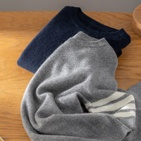 Modischer Englischer Stil 100% Reiner Kaschmir Herren Verdickter Rundhals-Pullover Langarm Gestreifter Winterpullover