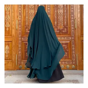 新批发开斋节头顶领带背平原祈祷围巾穆斯林妇女头巾雪纺薄纱2层长Niqab Jilbab Khimar