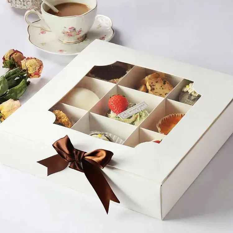 Caixa de presente personalizada de novo design, caixa de sobremesa de padaria com fita