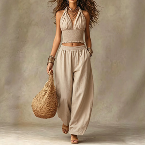 <span class=keywords><strong>Ensemble</strong></span> deux pièces pour femmes, style bohème d'été, débardeur à col halter court, associé à un pantalon en lin ample et évasé - Product Image 4